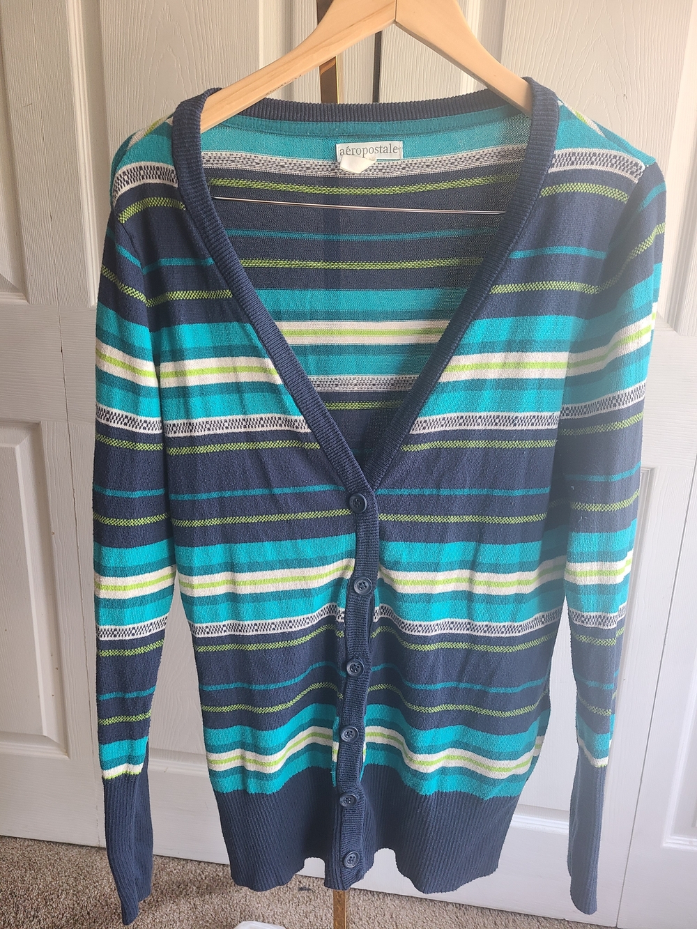 Aeropostale Navy, Teal & Lime Striped V-Neck Cardigan